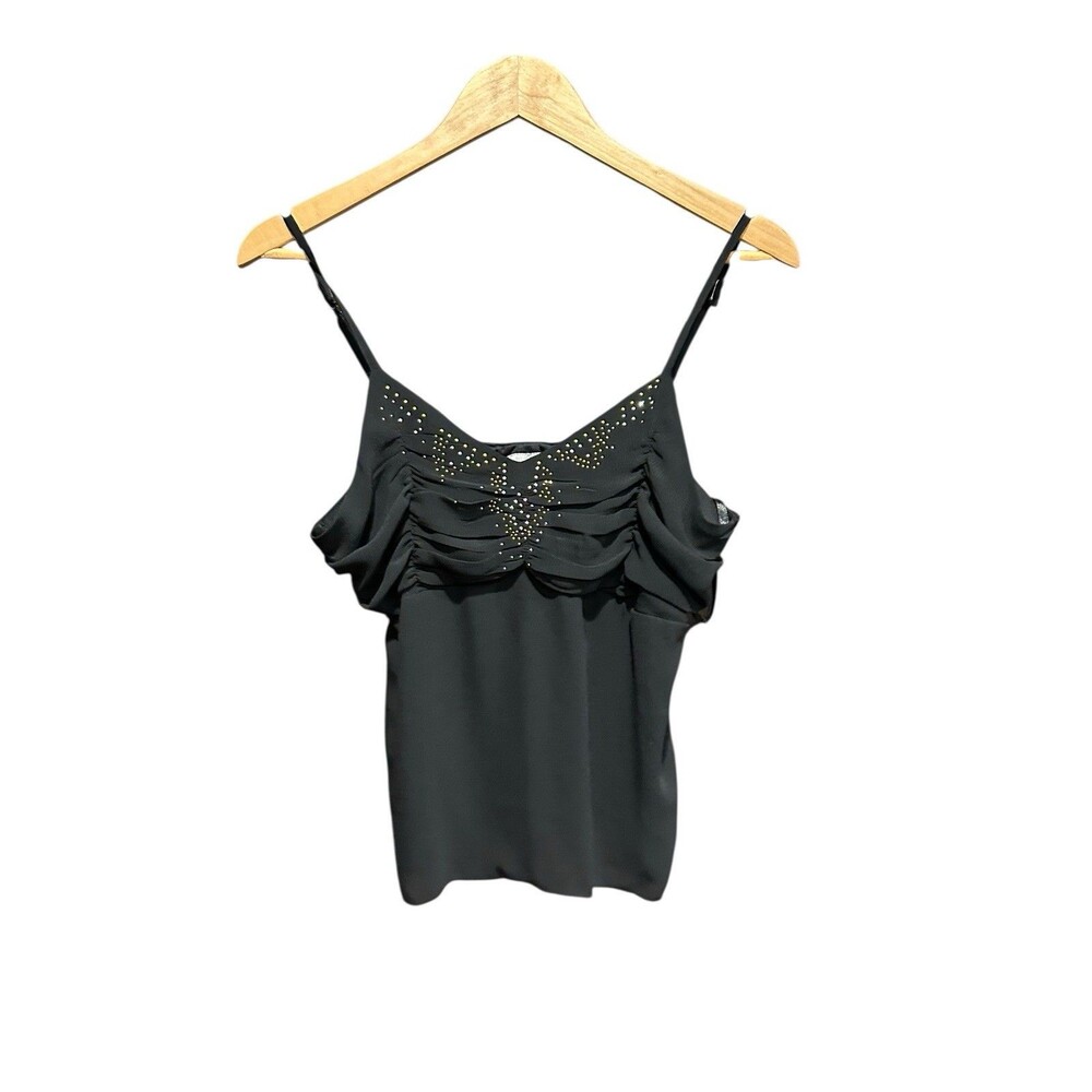 Unique Spectrum Vintage Top 90s Y2K Black Rhinestone Spaghetti Strap Sheer - Picture 2 of 5